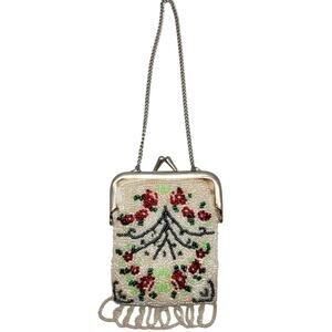 Vintage White Red Floral Beaded Fringed Small Coquette Chain Wrist Purse Handbag